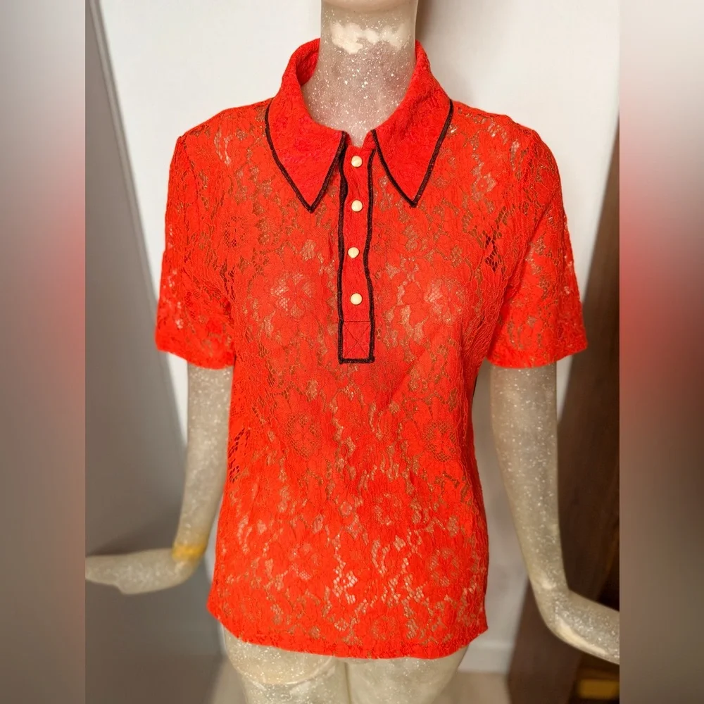 ❤️No. 6 Store Diedre Red Lace Polo Shirt w/ Button Down. Size Medium - Picture 4 of 11